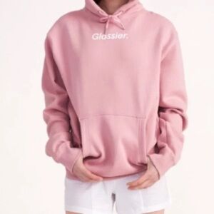 Glossier Sz S Pink Logo Hooded Relaxed Sweater